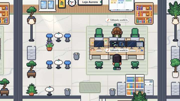 O escritório do Claubbo em pixel art: salas de projeto com agentes de IA trabalhando em suas mesas, uma cozinha, um lounge e a recepção.